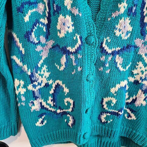 Vintage Diversity Cardigan Womens Large Petite Blue Floral Embroidered 90s Knit - Picture 3 of 10